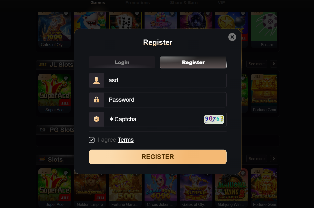 Screenshot borang pendaftaran KLWIN — Username, Password, Captcha fields